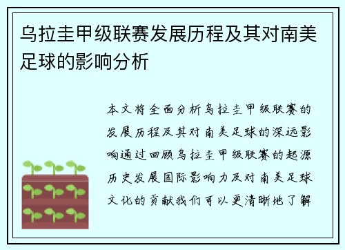 乌拉圭甲级联赛发展历程及其对南美足球的影响分析
