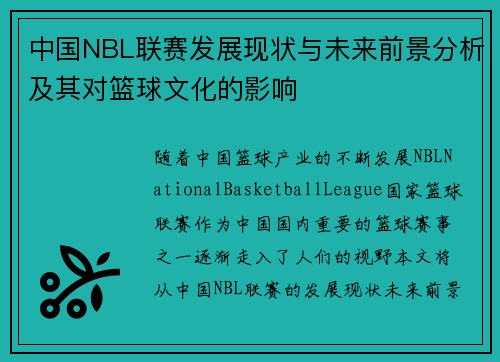 中国NBL联赛发展现状与未来前景分析及其对篮球文化的影响