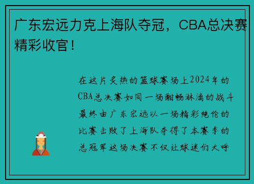 广东宏远力克上海队夺冠，CBA总决赛精彩收官！